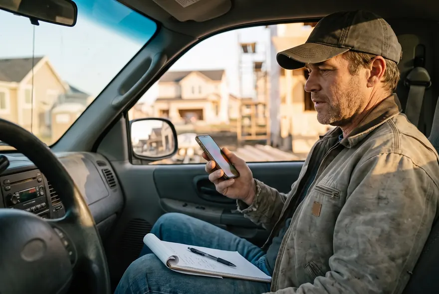 A contractor in his truck answering a call from a new lead, notepad on his knee