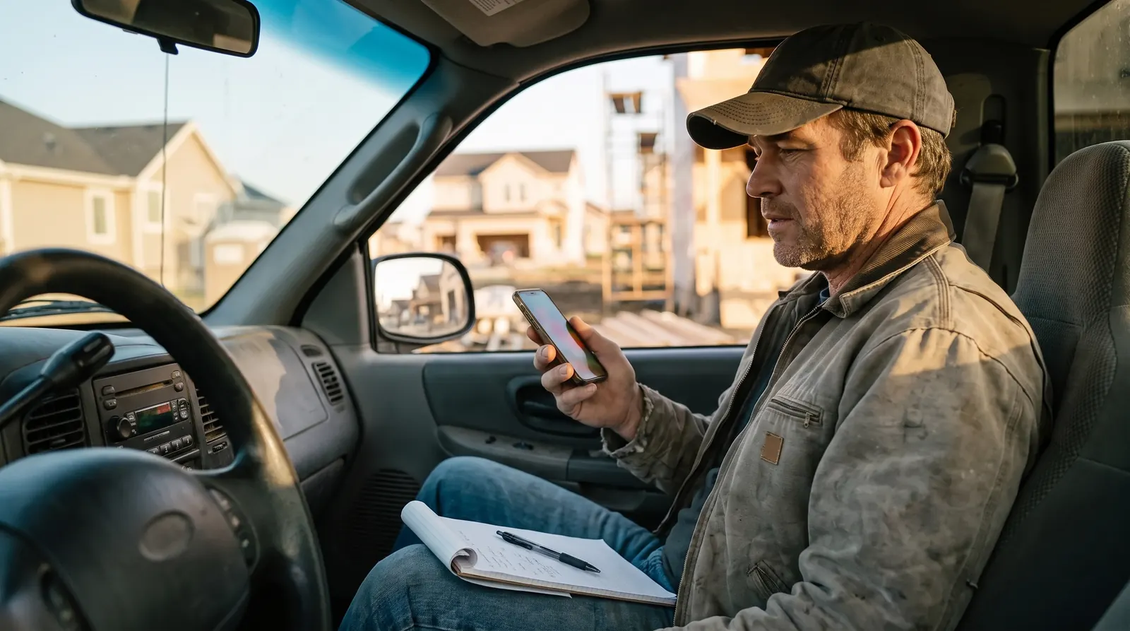 A contractor in his truck answering a call from a new lead, notepad on his knee