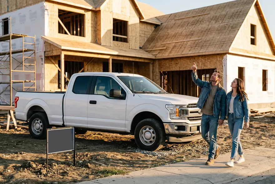 A young couple walking past a home under construction with a builder's truck and job-site sign out front