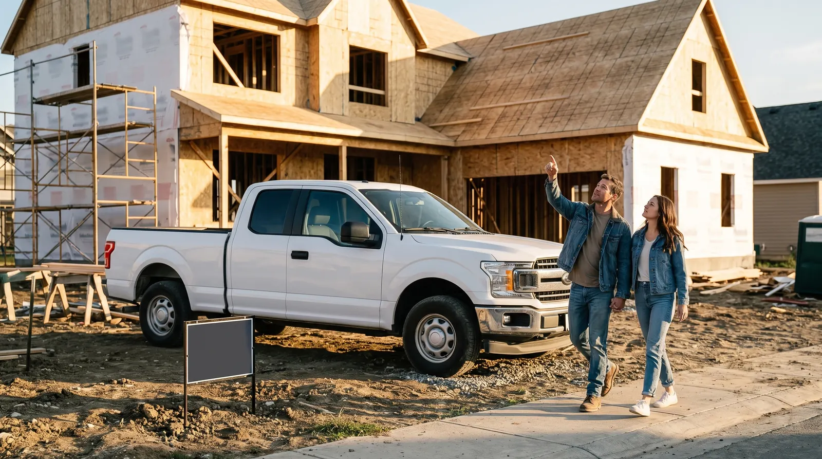 A young couple walking past a home under construction with a builder's truck and job-site sign out front