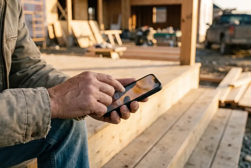 Hands holding a phone with a simple multiple-choice quote form on a porch step