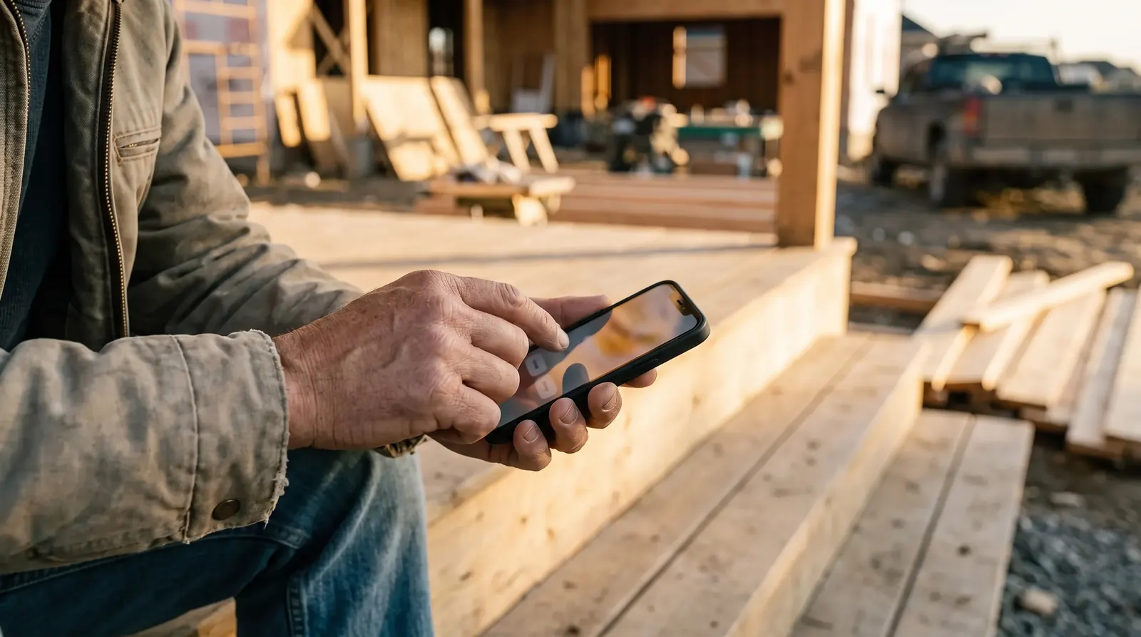 Hands holding a phone with a simple multiple-choice quote form on a porch step