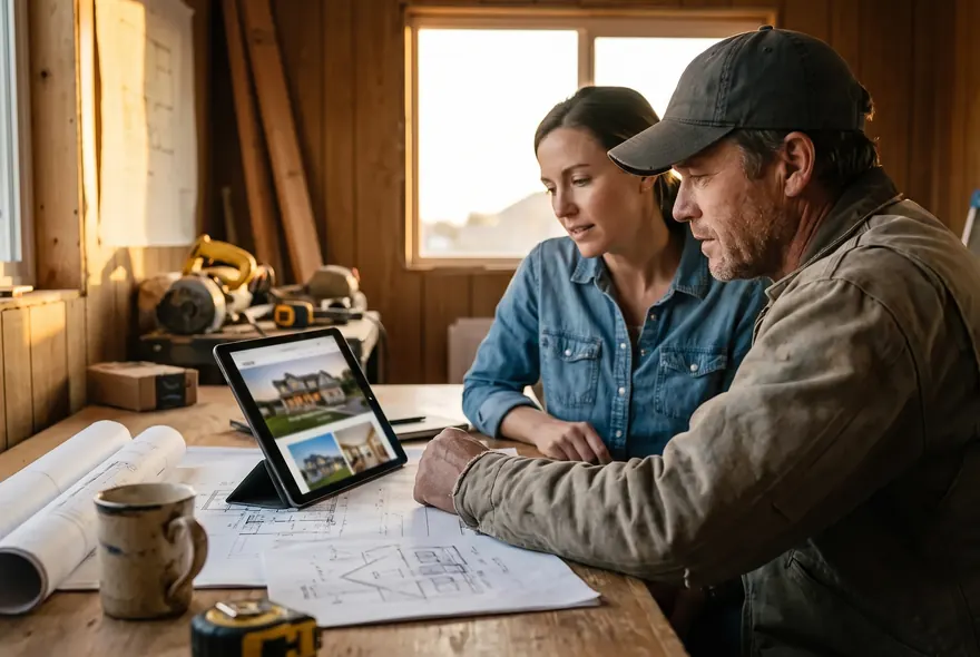 A builder and a designer reviewing a website with house photos on a tablet