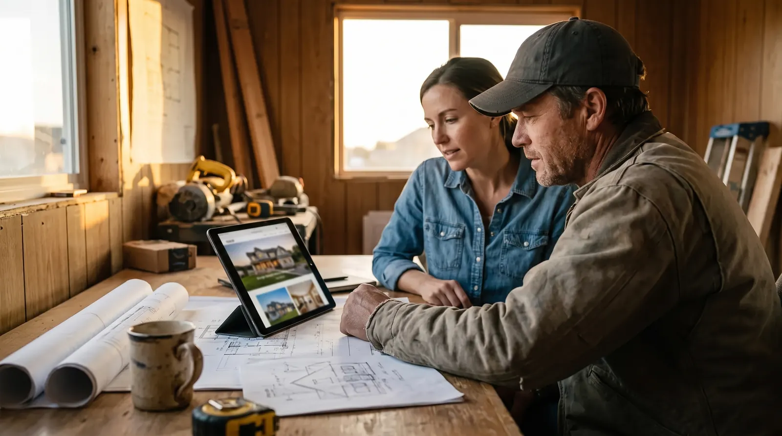 A builder and a designer reviewing a website with house photos on a tablet