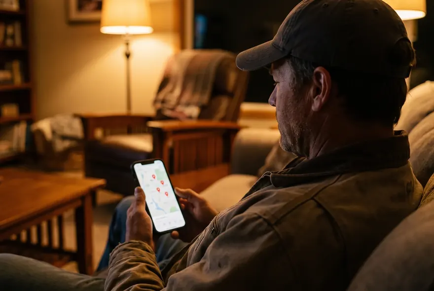 A homeowner on a couch at night looking at a map of local builders on his phone