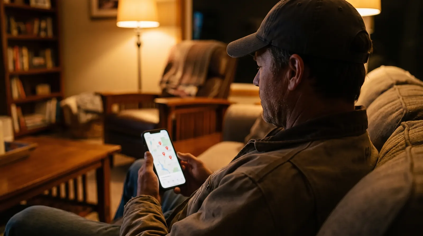 A homeowner on a couch at night looking at a map of local builders on his phone