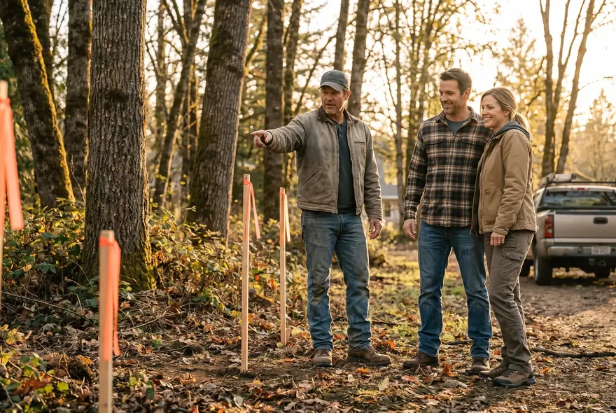 A custom home builder walking a wooded lot with a couple, survey stakes in the ground