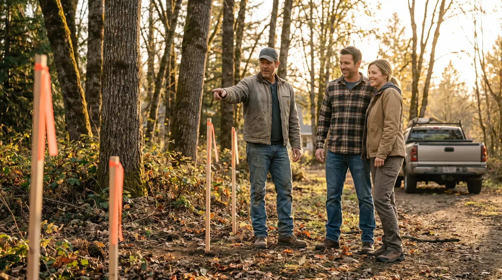 A custom home builder walking a wooded lot with a couple, survey stakes in the ground