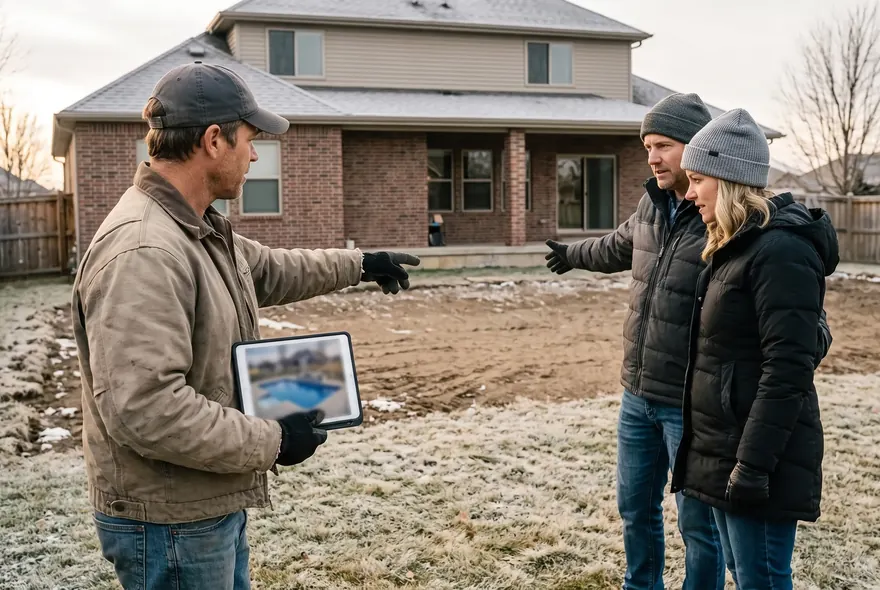 A pool builder showing a couple a pool design on a tablet in their frosty winter backyard