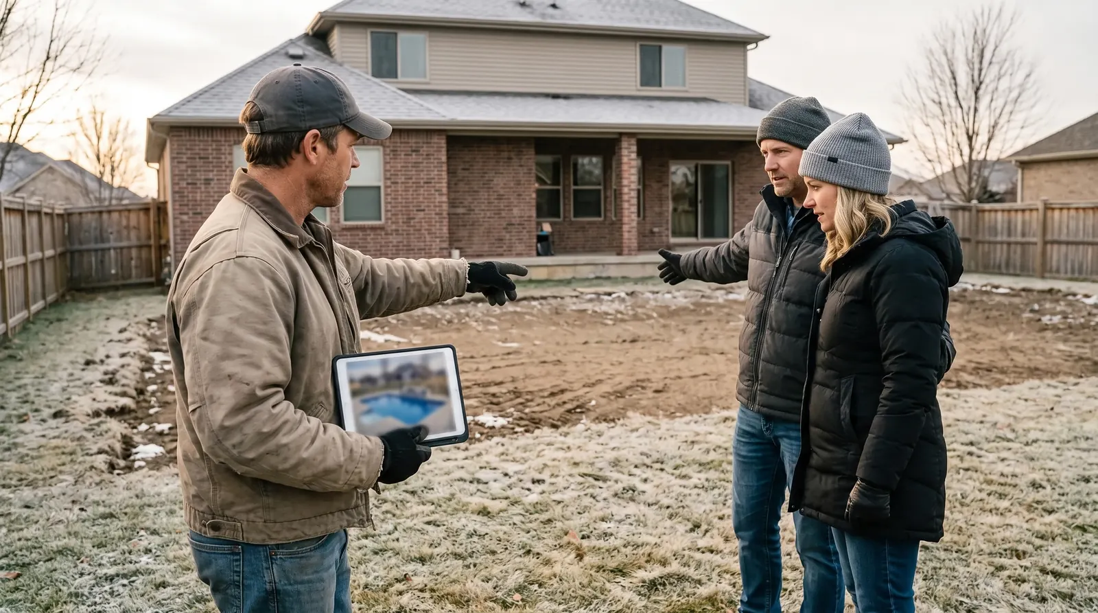 A pool builder showing a couple a pool design on a tablet in their frosty winter backyard