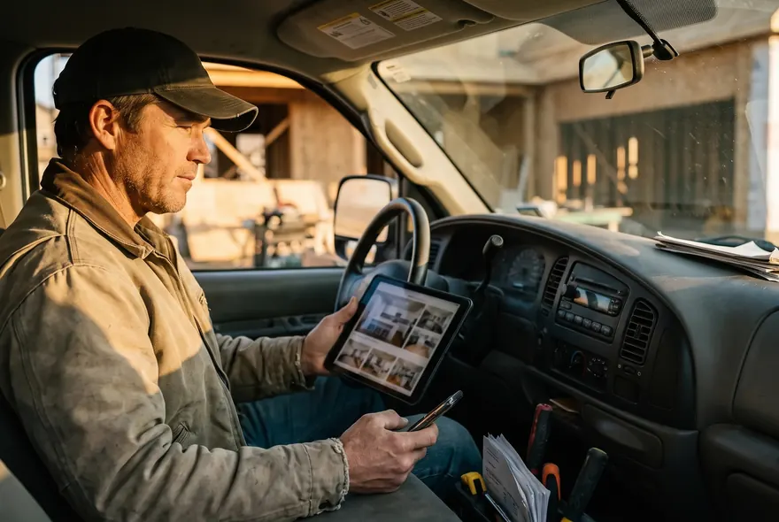 A contractor in his truck reviewing ad photos on a tablet at a job site