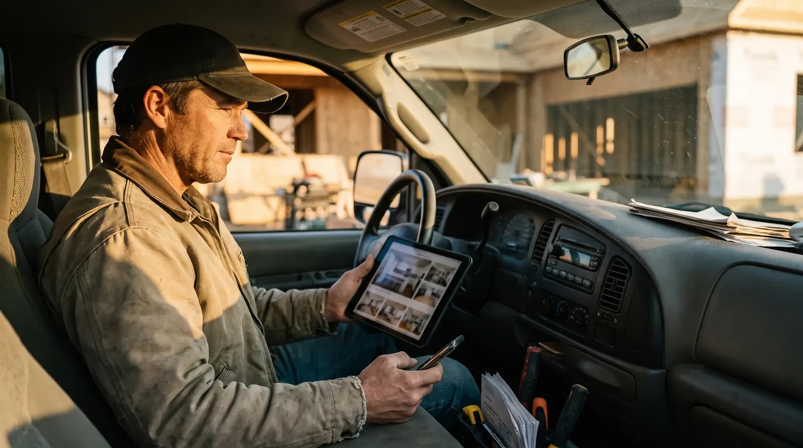 A contractor in his truck reviewing ad photos on a tablet at a job site