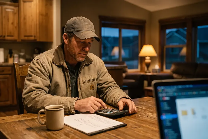 A builder working out a marketing budget at the kitchen table with a calculator and laptop