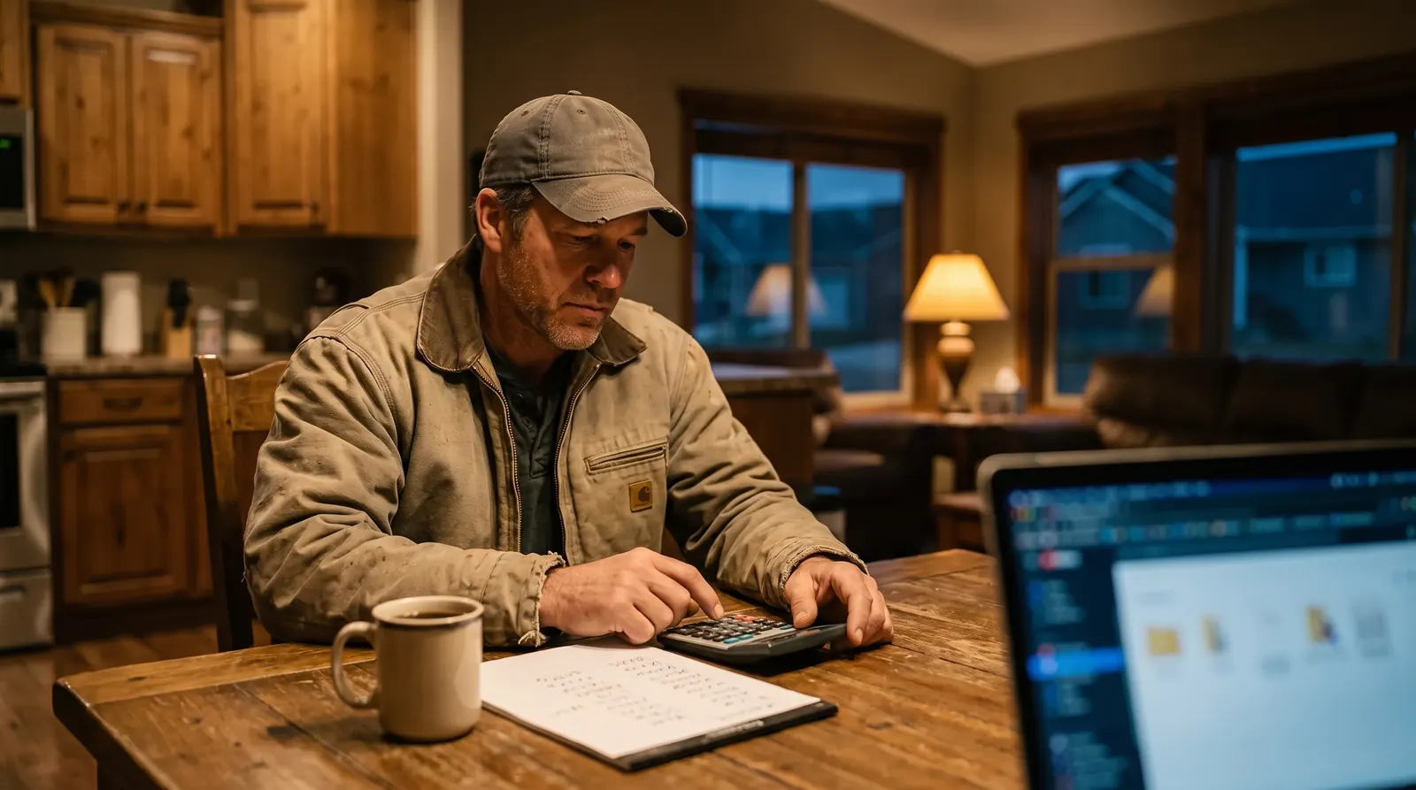 A builder working out a marketing budget at the kitchen table with a calculator and laptop