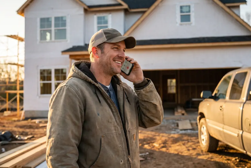 A builder smiling on a phone call in front of a new house under construction, his pickup parked beside it