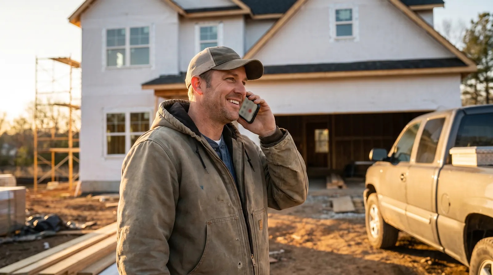 A builder smiling on a phone call in front of a new house under construction, his pickup parked beside it