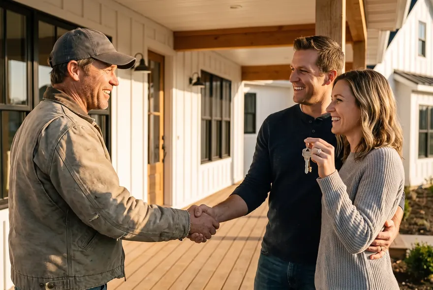A builder shaking hands with a couple holding the keys to their finished farmhouse