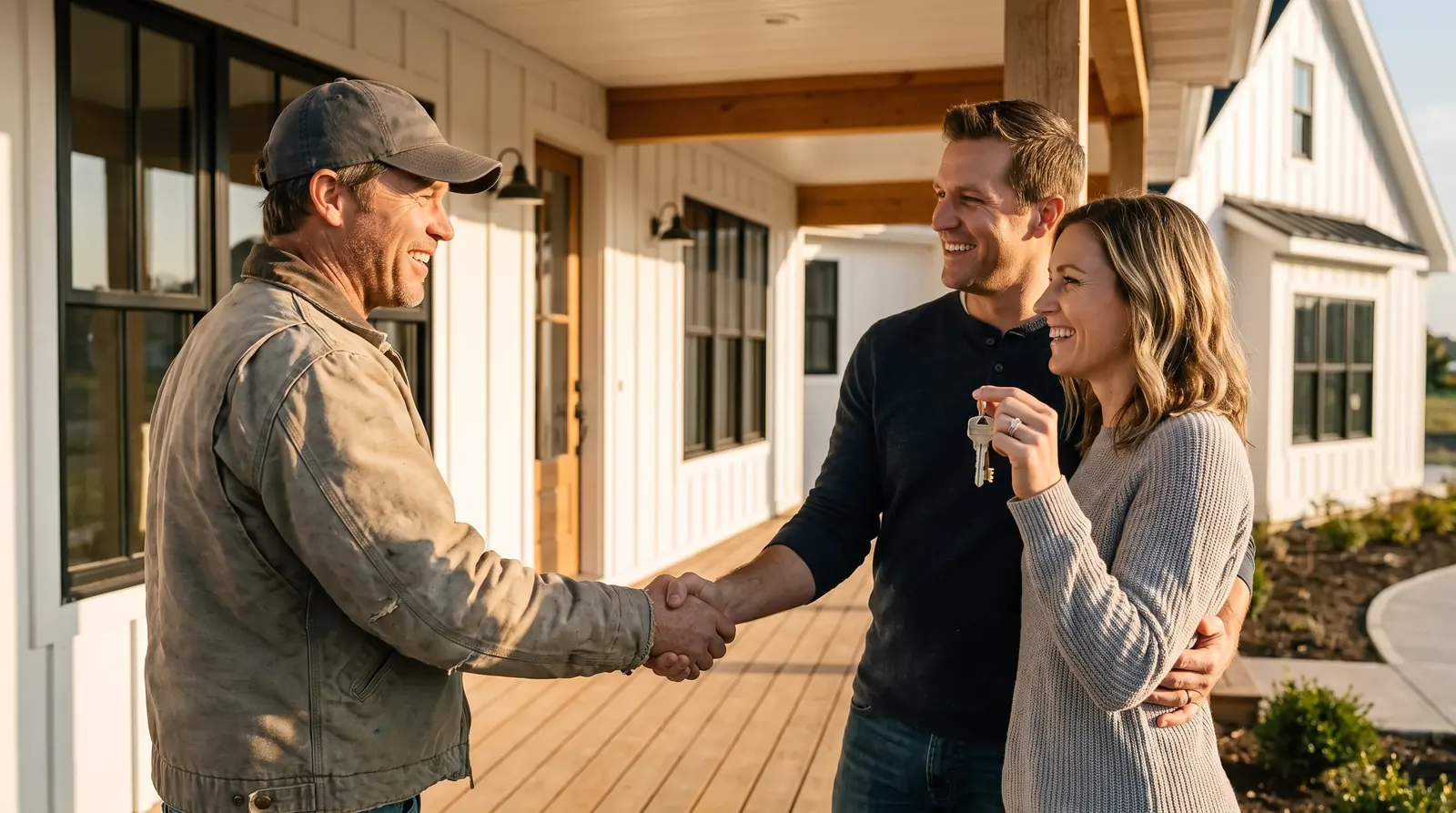 A builder shaking hands with a couple holding the keys to their finished farmhouse