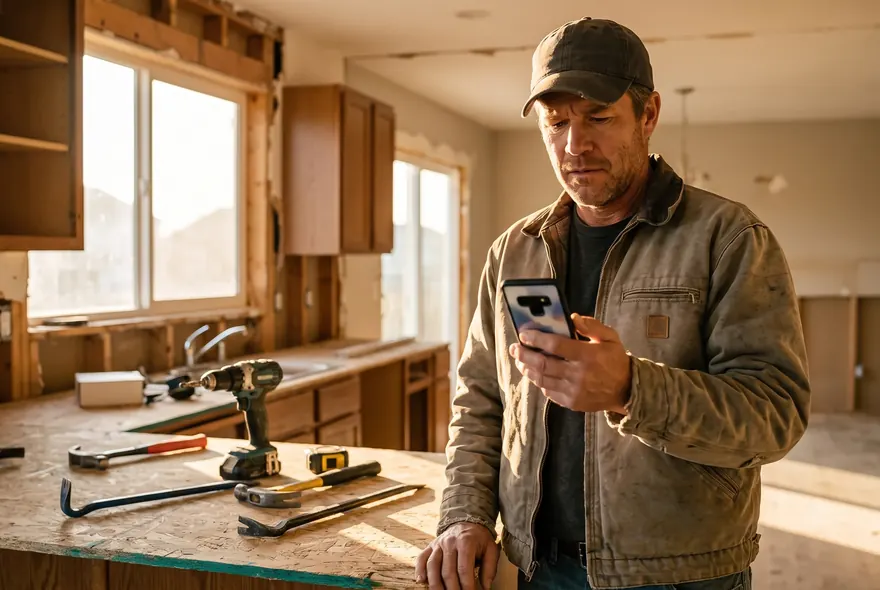 A remodeling contractor in a half-demolished kitchen checking a lead on his phone