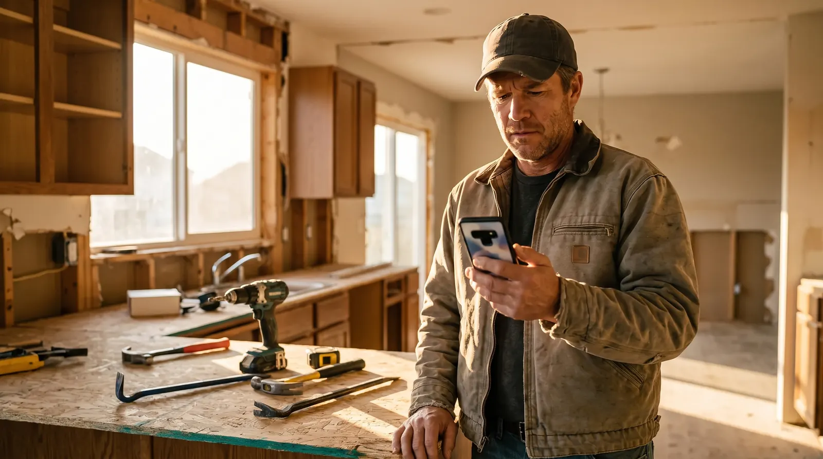 A remodeling contractor in a half-demolished kitchen checking a lead on his phone