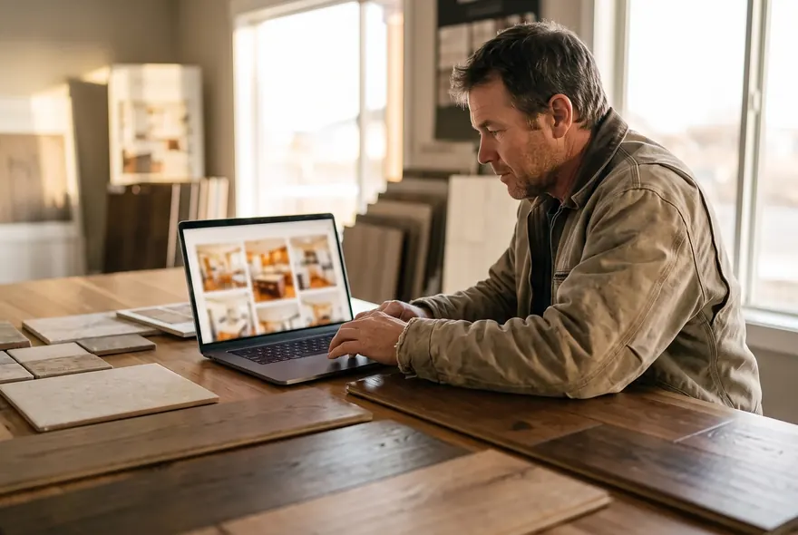 A remodeler at a showroom table with flooring samples, reviewing project photos on a laptop