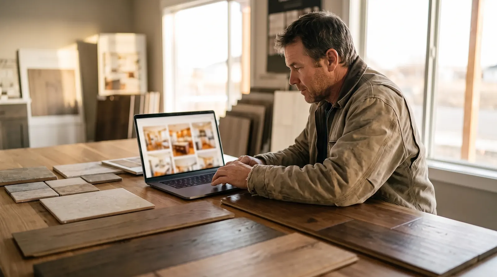 A remodeler at a showroom table with flooring samples, reviewing project photos on a laptop