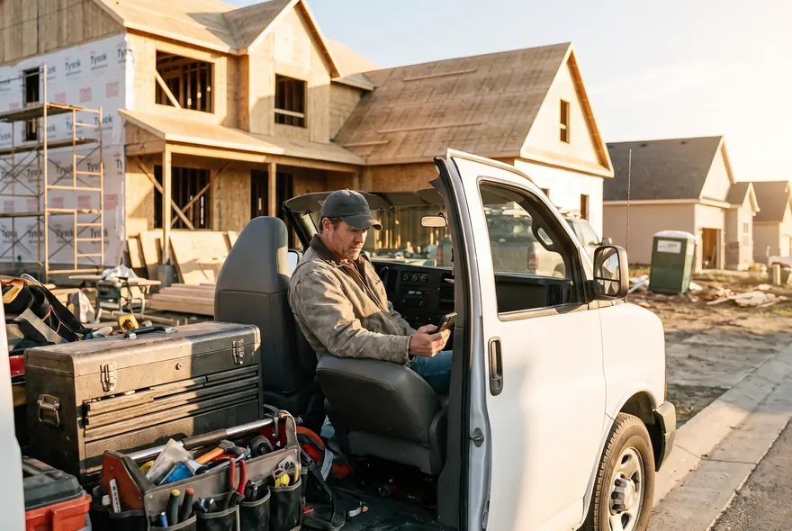 A contractor in his work truck at a new-build street, scrolling job requests on his phone