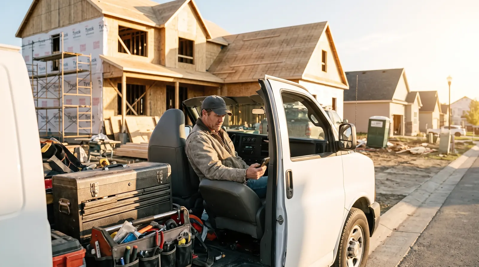 A contractor in his work truck at a new-build street, scrolling job requests on his phone