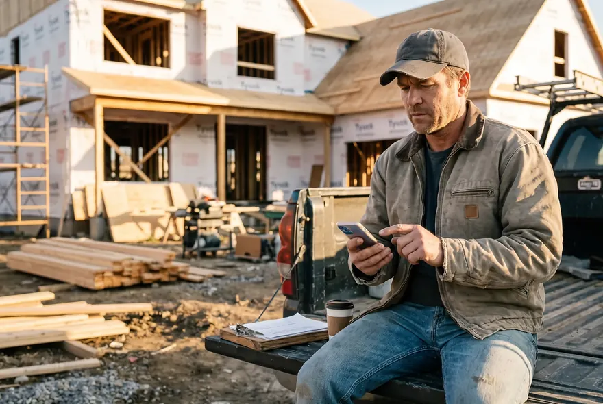 A contractor sitting on his truck tailgate at a job site, checking lead apps on his phone