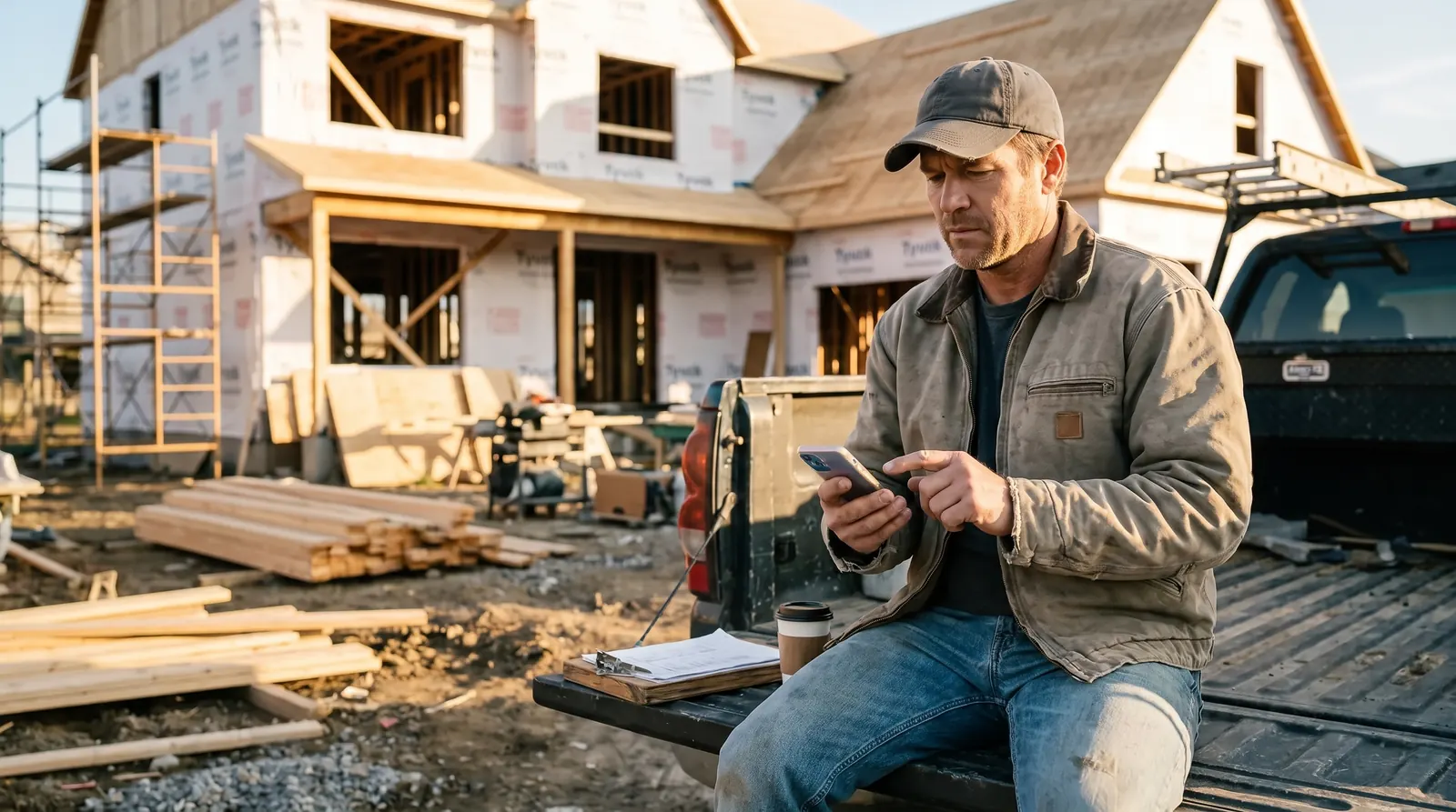A contractor sitting on his truck tailgate at a job site, checking lead apps on his phone