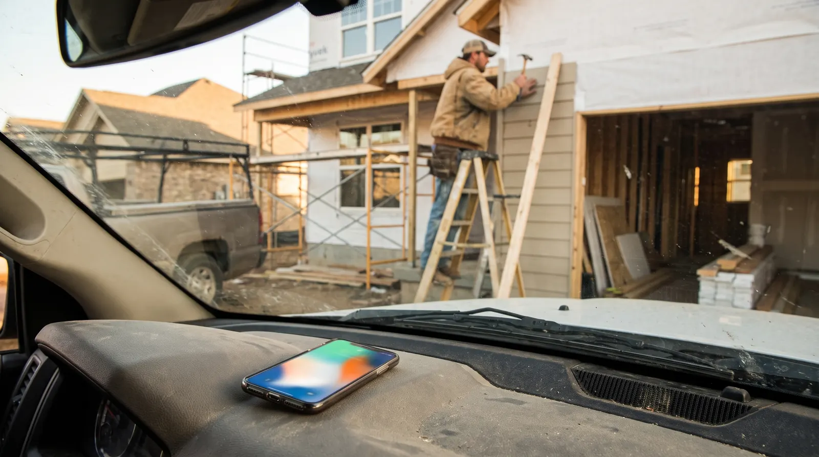 A phone lighting up on a truck dashboard while a builder works on a ladder outside