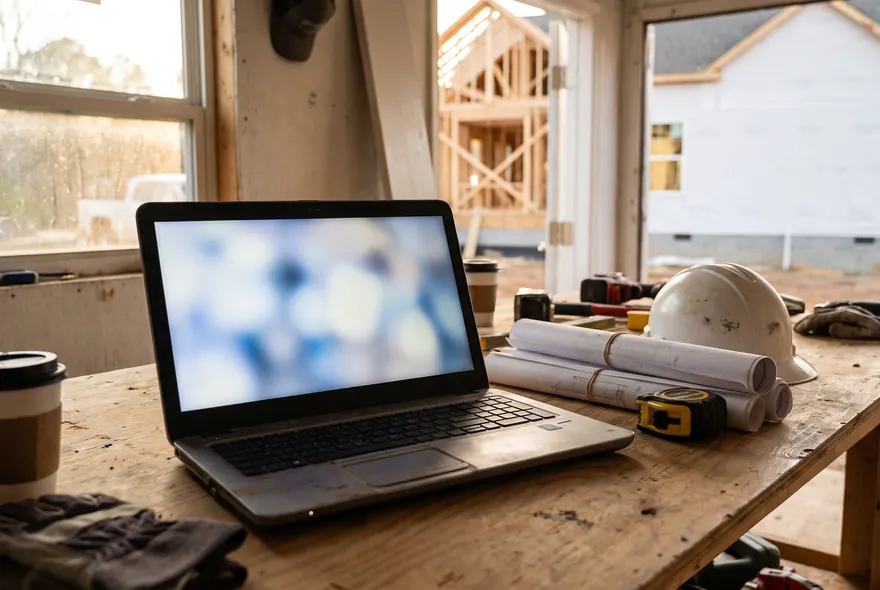 A laptop on a workbench in a job-site trailer next to blueprints and a hard hat