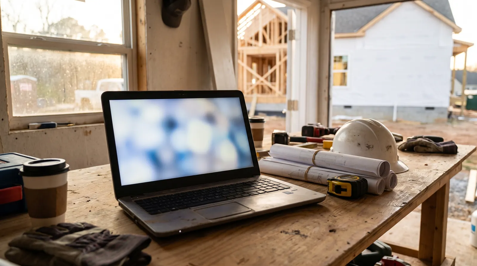 A laptop on a workbench in a job-site trailer next to blueprints and a hard hat