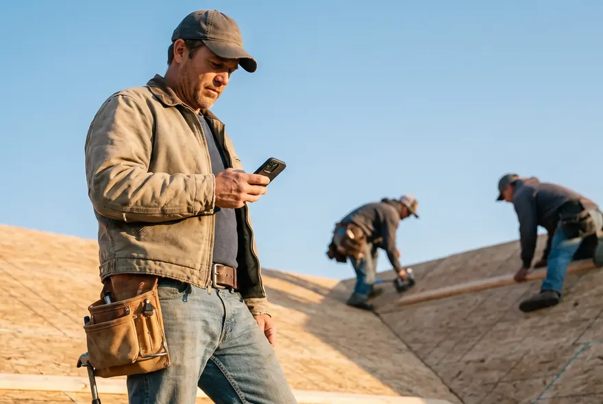 A builder checking his phone on a roof deck while his crew frames the roof