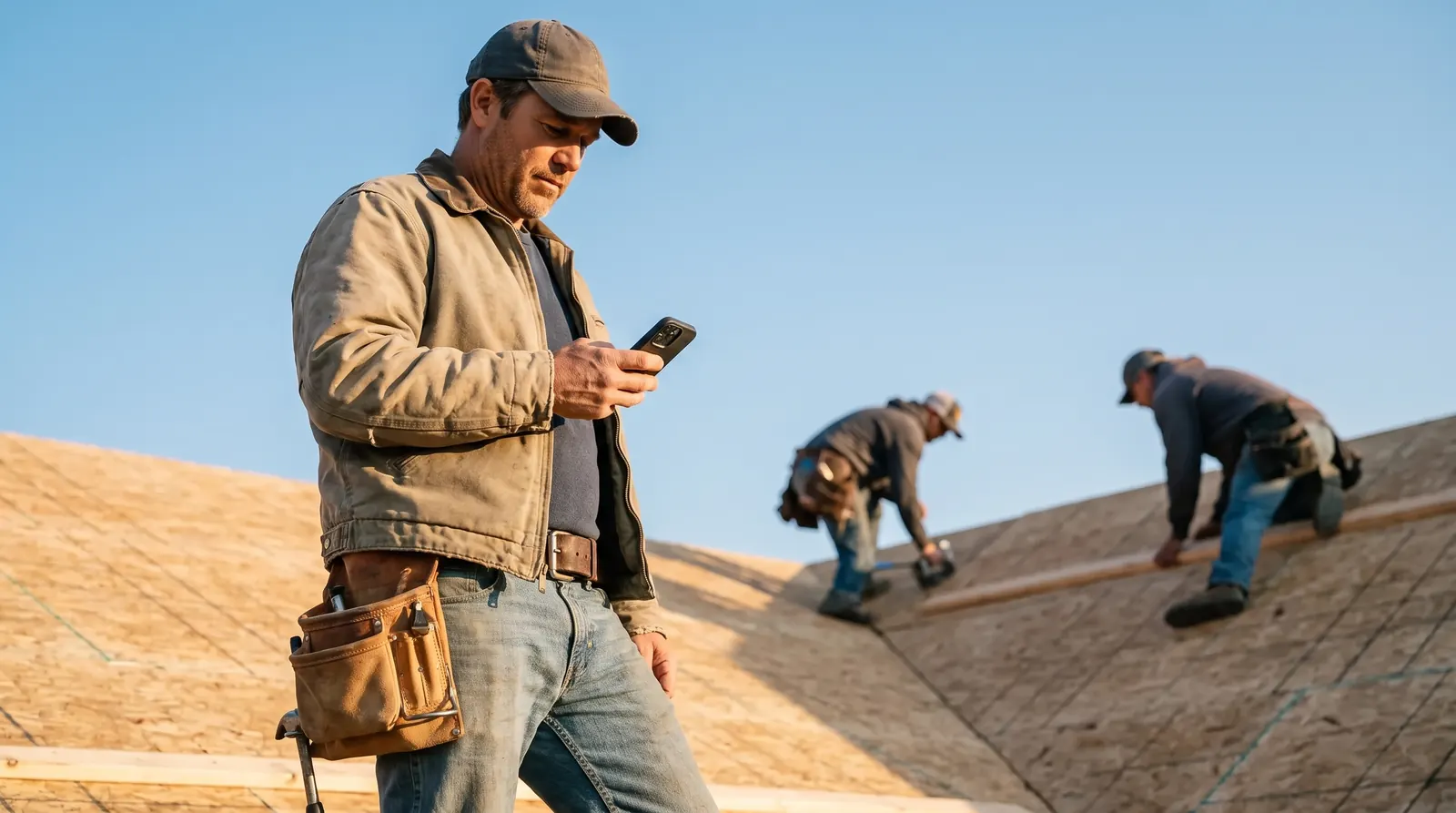 A builder checking his phone on a roof deck while his crew frames the roof