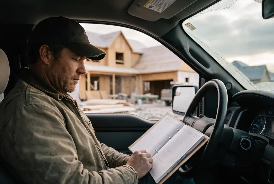 A builder sitting in his truck at a quiet winter job site, looking at an empty planner