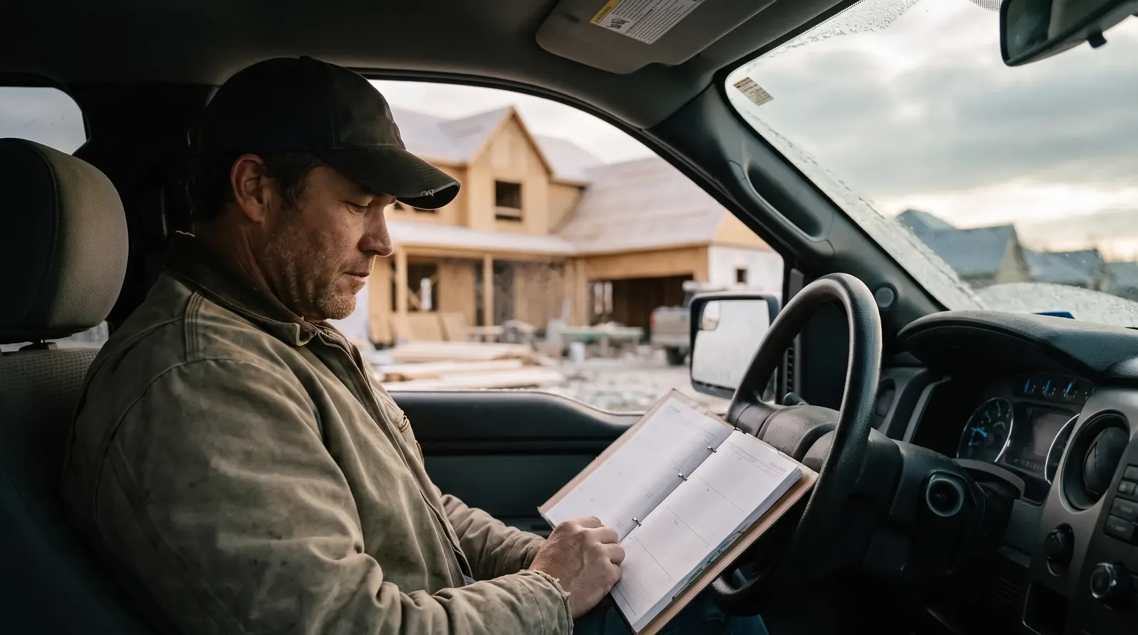 A builder sitting in his truck at a quiet winter job site, looking at an empty planner